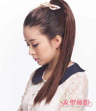 女生 直发水母头扎马尾辫发型